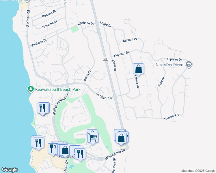 map of restaurants, bars, coffee shops, grocery stores, and more near 367 Kualono Place in Kihei