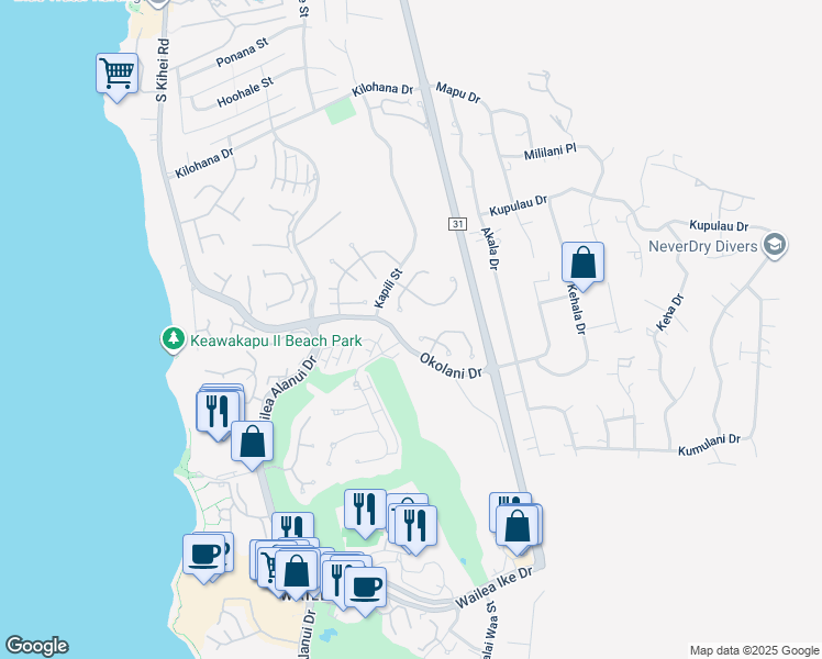 map of restaurants, bars, coffee shops, grocery stores, and more near 3351 West Lani Ikena Way in Wailea-Makena