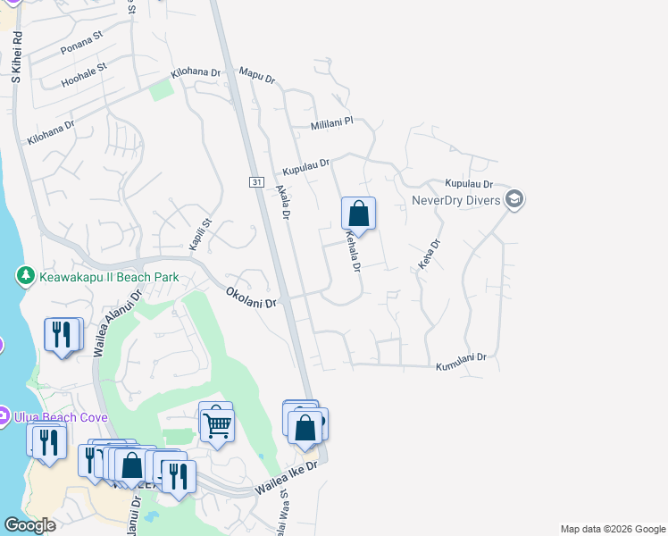 map of restaurants, bars, coffee shops, grocery stores, and more near 500A Mikioi Place in Kihei
