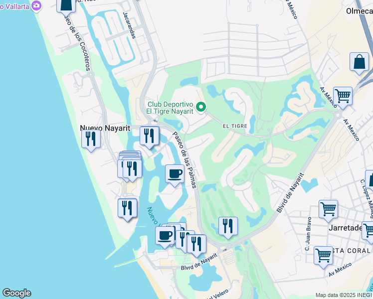 map of restaurants, bars, coffee shops, grocery stores, and more near Calle Faisanes in Nuevo Vallarta