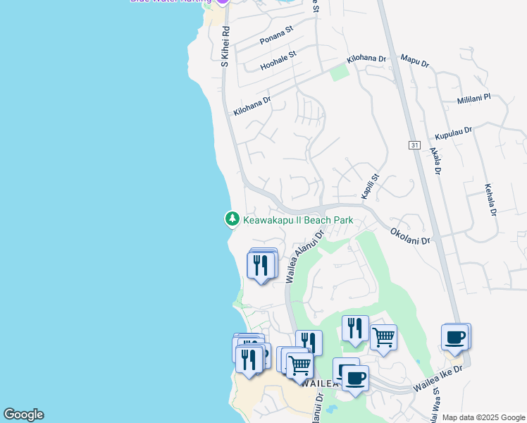 map of restaurants, bars, coffee shops, grocery stores, and more near 3300 Wailea Alanui Drive in Kihei