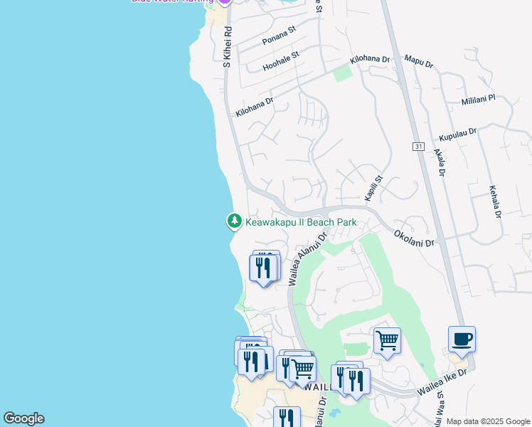 map of restaurants, bars, coffee shops, grocery stores, and more near 3300 Wailea Alanui Drive in Kihei