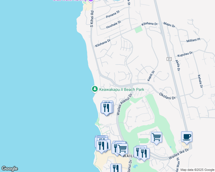 map of restaurants, bars, coffee shops, grocery stores, and more near Okolani Drive in Kihei