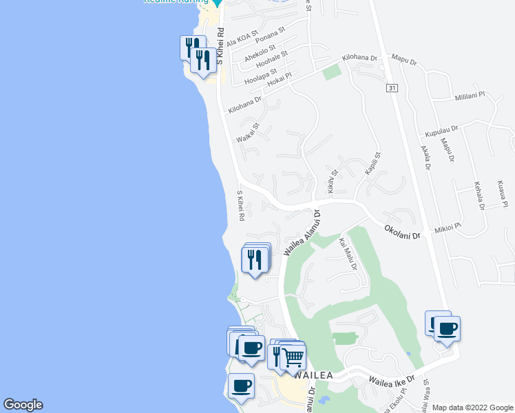 map of restaurants, bars, coffee shops, grocery stores, and more near Okolani Drive in Kihei
