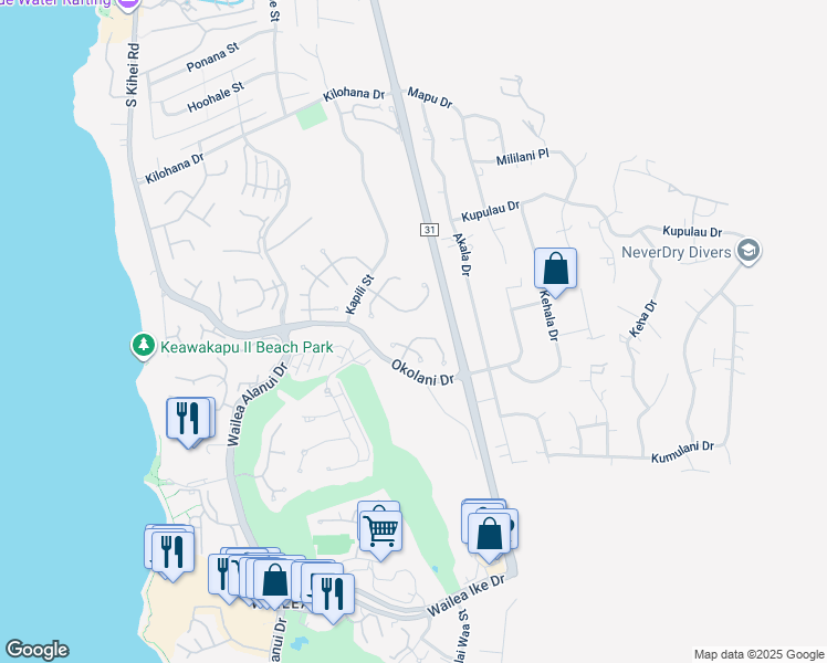 map of restaurants, bars, coffee shops, grocery stores, and more near 347 Kualono Place in Kihei