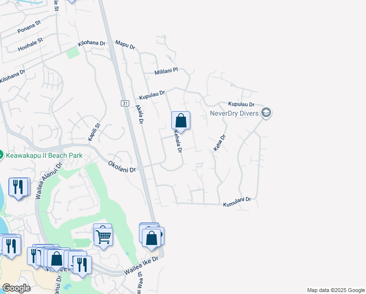 map of restaurants, bars, coffee shops, grocery stores, and more near 535 Kohala Street in Kihei