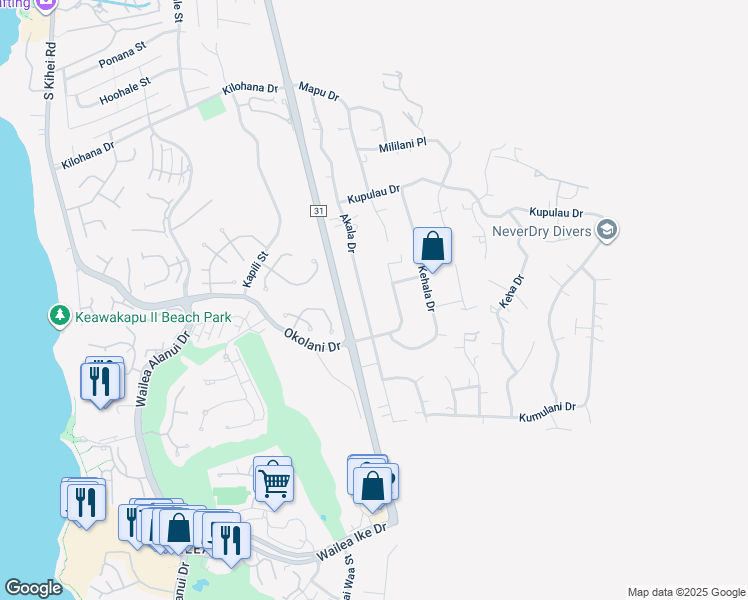map of restaurants, bars, coffee shops, grocery stores, and more near 3365 Akala Drive in Kihei