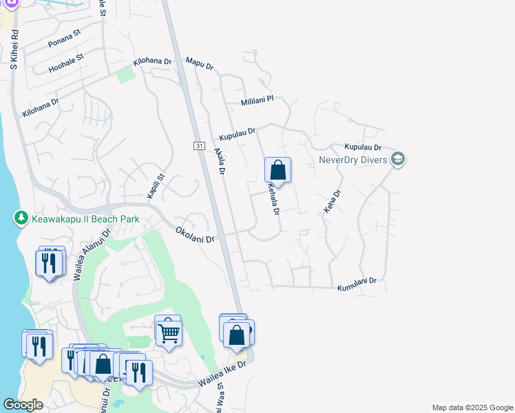 map of restaurants, bars, coffee shops, grocery stores, and more near 510 Mikioi Place in Kihei