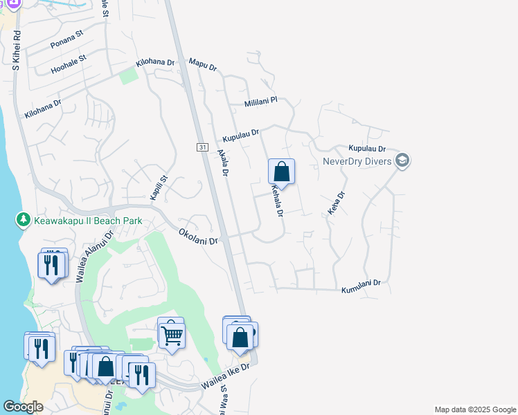 map of restaurants, bars, coffee shops, grocery stores, and more near 510 Mikioi Place in Kihei