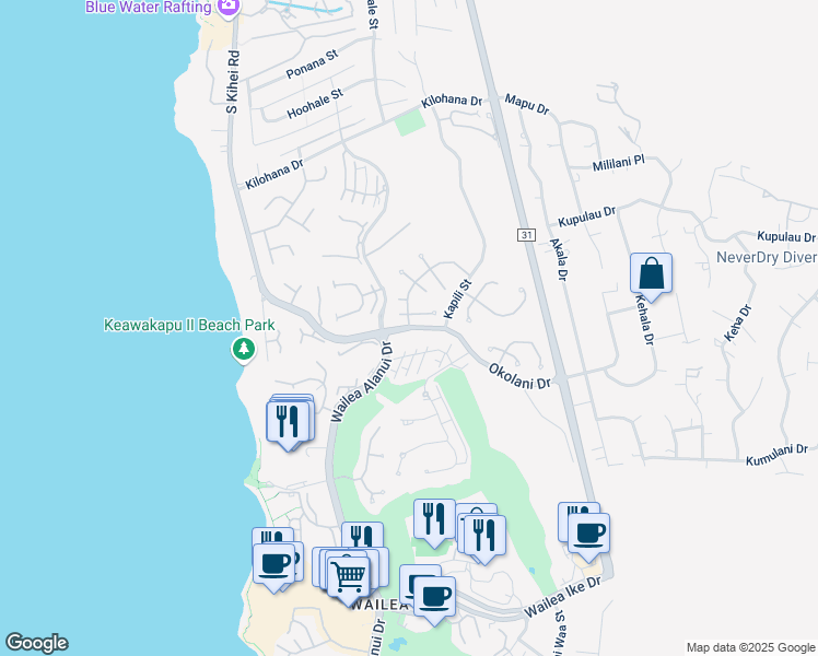 map of restaurants, bars, coffee shops, grocery stores, and more near Okolani Drive in Wailea-Makena