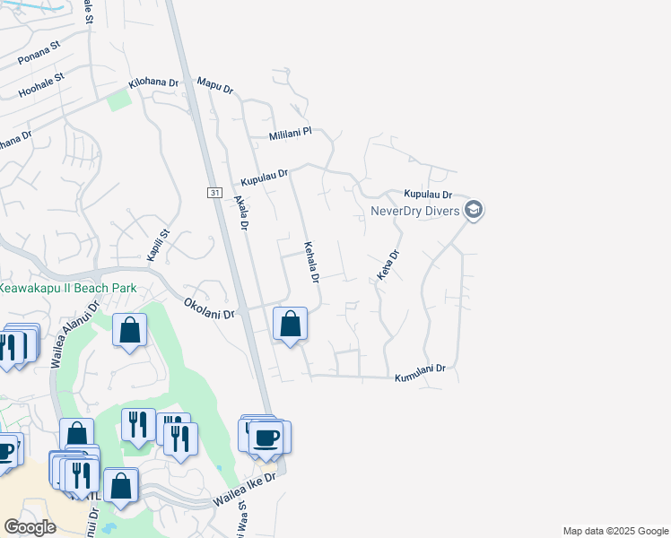 map of restaurants, bars, coffee shops, grocery stores, and more near 3384 Kuaua Place in Kihei