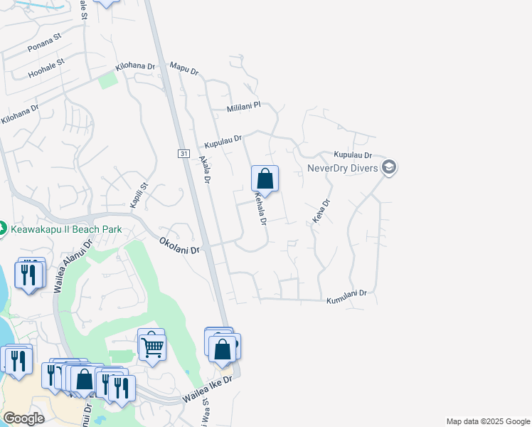 map of restaurants, bars, coffee shops, grocery stores, and more near 3379 Kehala Drive in Kihei
