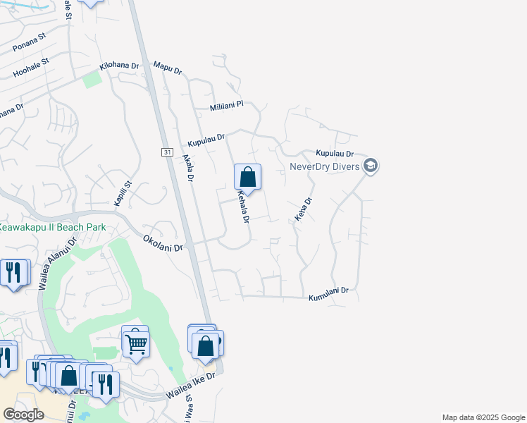 map of restaurants, bars, coffee shops, grocery stores, and more near 3384 Kuaua Place in Kihei