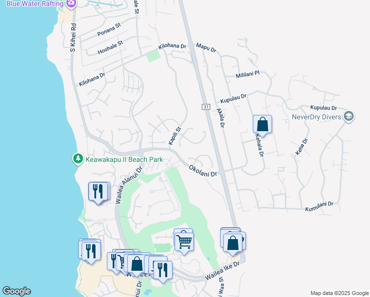 map of restaurants, bars, coffee shops, grocery stores, and more near 3175 South Noho Loihi Way in Kihei