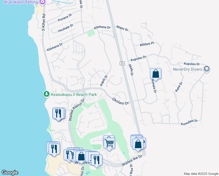 map of restaurants, bars, coffee shops, grocery stores, and more near 3175 South Noho Loihi Way in Kihei