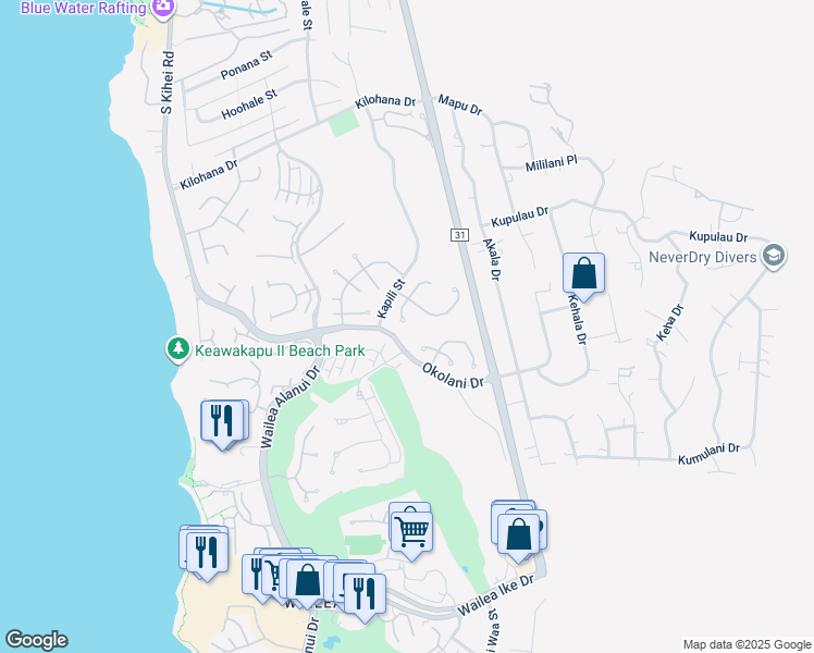 map of restaurants, bars, coffee shops, grocery stores, and more near 3179 South Noho Loihi Way in Kihei