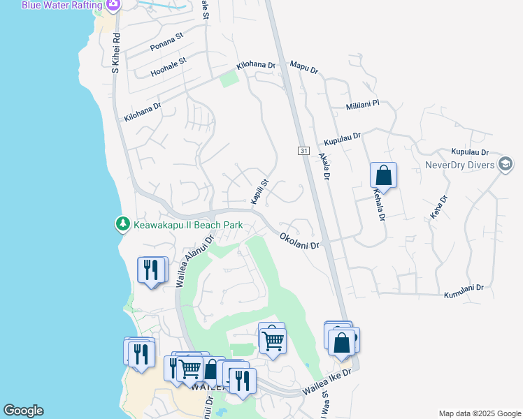 map of restaurants, bars, coffee shops, grocery stores, and more near 3176 South Noho Loihi Way in Kihei