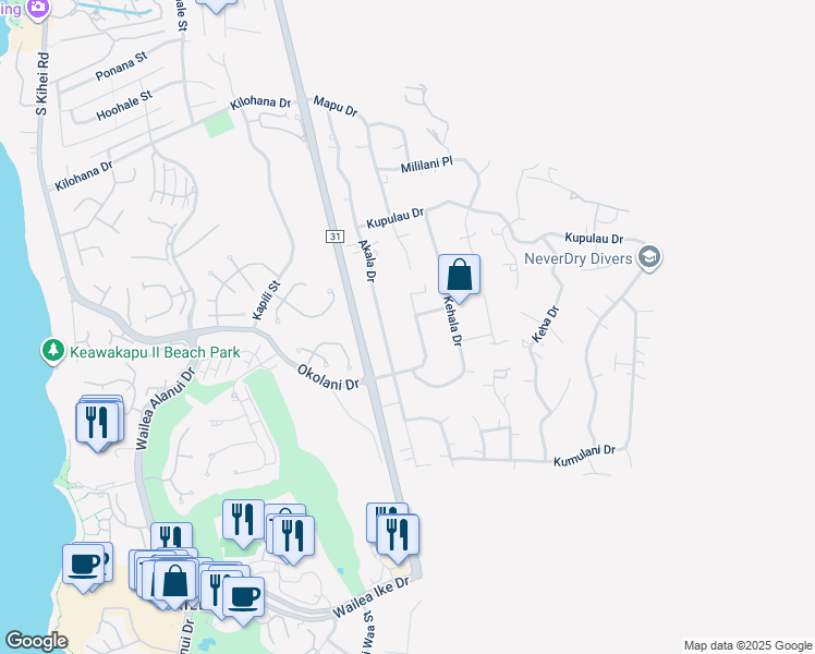 map of restaurants, bars, coffee shops, grocery stores, and more near 523 Mikioi Place in Kihei