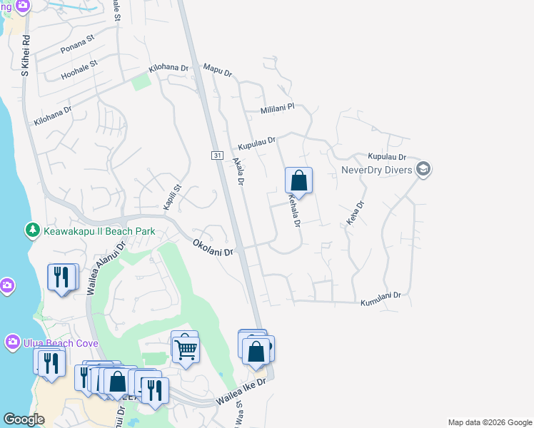 map of restaurants, bars, coffee shops, grocery stores, and more near 523 Mikioi Place in Kihei