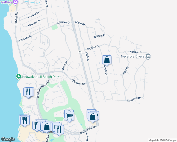 map of restaurants, bars, coffee shops, grocery stores, and more near 3350 Akala Drive in Kihei