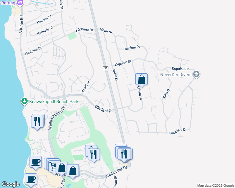 map of restaurants, bars, coffee shops, grocery stores, and more near 3350 Akala Drive in Kihei