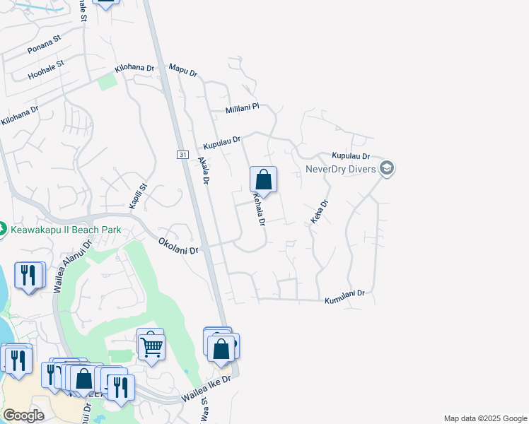 map of restaurants, bars, coffee shops, grocery stores, and more near 3379 Kehala Drive in Kihei