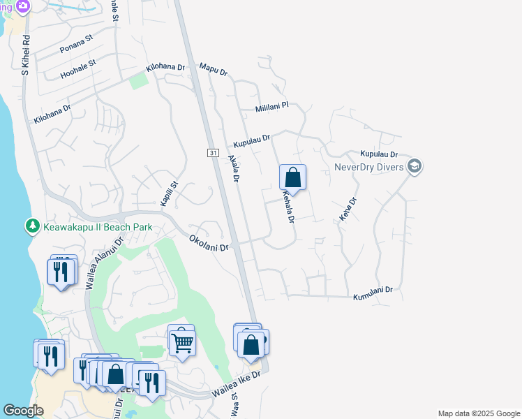map of restaurants, bars, coffee shops, grocery stores, and more near 523 Mikioi Place in Kihei