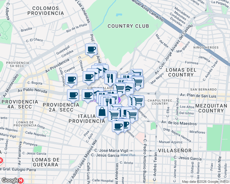 map of restaurants, bars, coffee shops, grocery stores, and more near 1500 Avenida de las Américas in Guadalajara