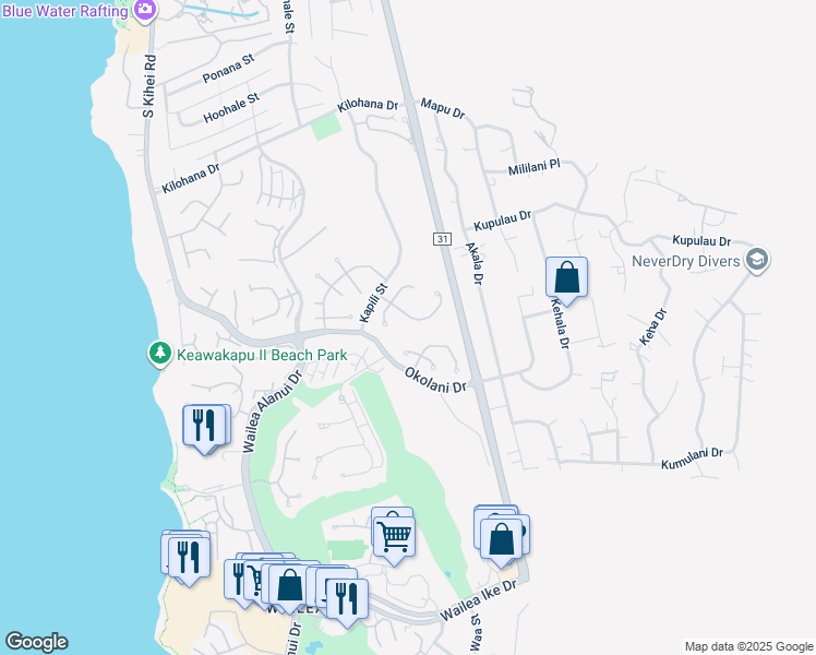 map of restaurants, bars, coffee shops, grocery stores, and more near 316 Pualoa Nani Way in Kihei