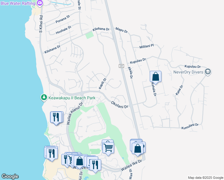 map of restaurants, bars, coffee shops, grocery stores, and more near 316 Pualoa Nani Way in Kihei