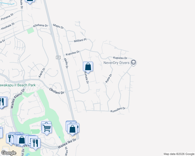 map of restaurants, bars, coffee shops, grocery stores, and more near 3387 Kuaua Place in Kihei