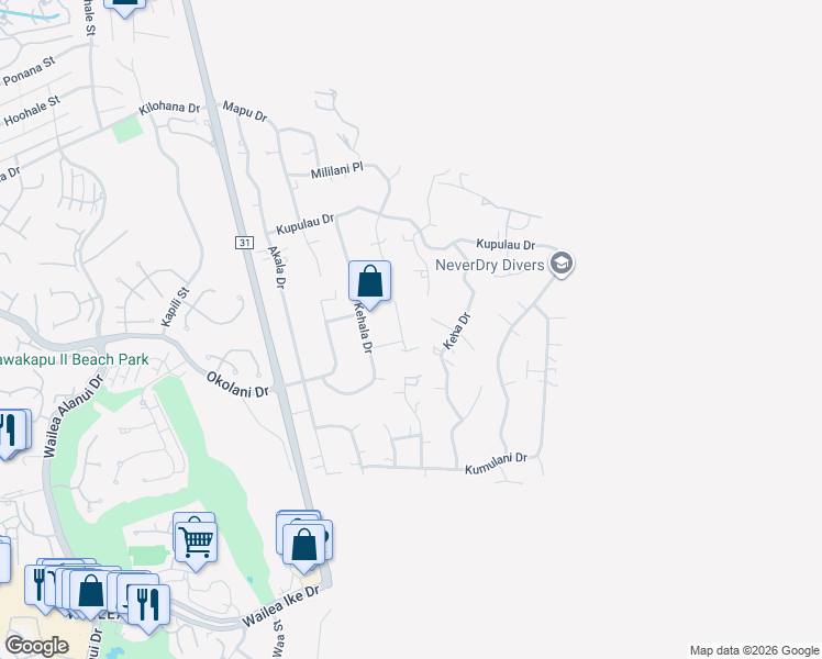 map of restaurants, bars, coffee shops, grocery stores, and more near 3387 Kuaua Place in Kihei