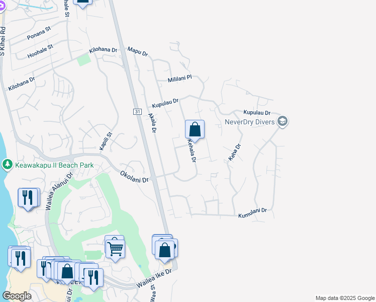 map of restaurants, bars, coffee shops, grocery stores, and more near 3366 Kehala Drive in Kihei