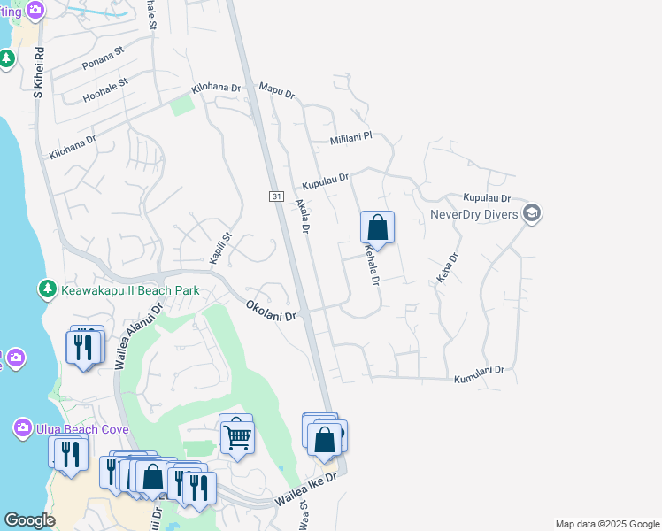 map of restaurants, bars, coffee shops, grocery stores, and more near 533 Mikioi Place in Kihei