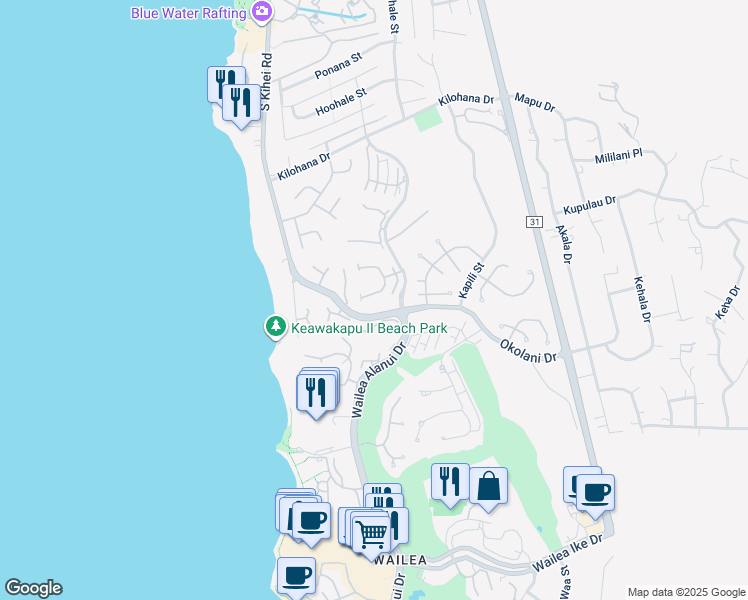 map of restaurants, bars, coffee shops, grocery stores, and more near 3200 Wailea Alanui Drive in Kihei