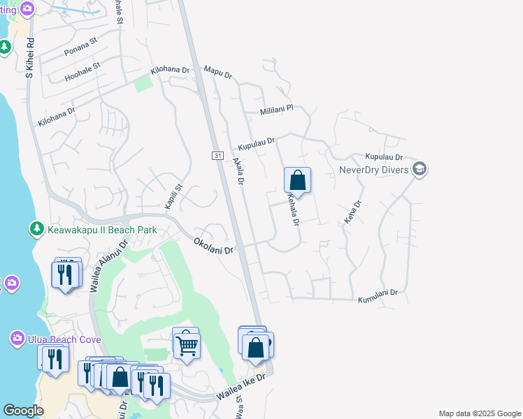 map of restaurants, bars, coffee shops, grocery stores, and more near 533 Mikioi Place in Kihei