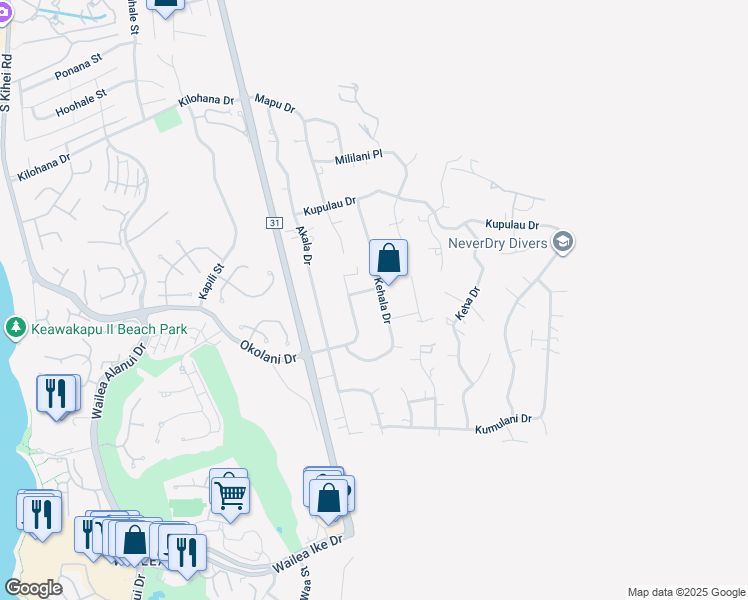 map of restaurants, bars, coffee shops, grocery stores, and more near 3366 Kehala Drive in Kihei
