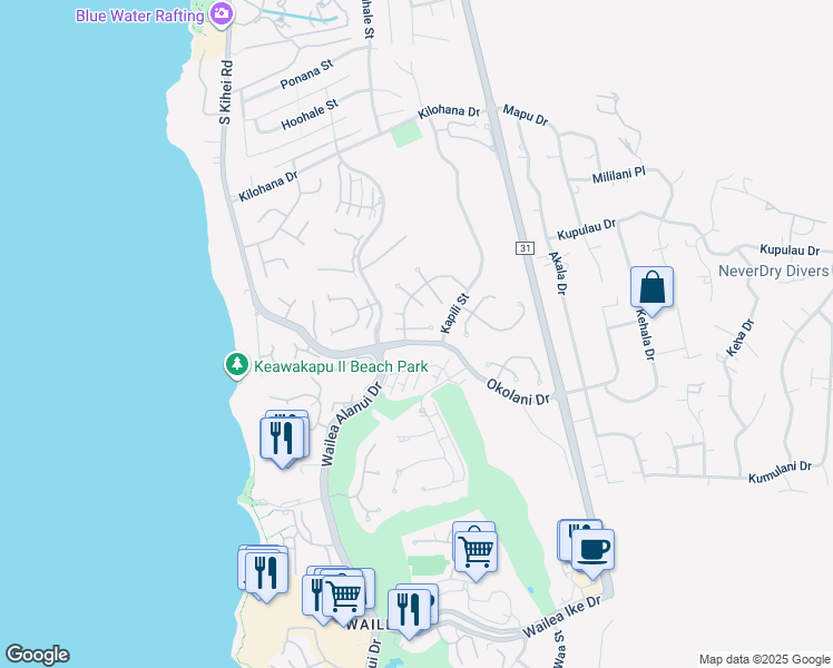 map of restaurants, bars, coffee shops, grocery stores, and more near 200 East Panana Place in Kihei