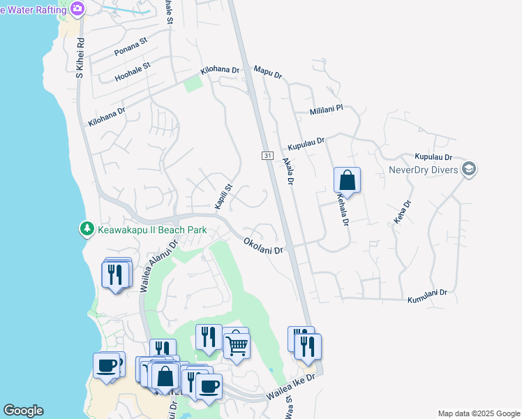 map of restaurants, bars, coffee shops, grocery stores, and more near 340 Pualoa Nani Way in Kihei
