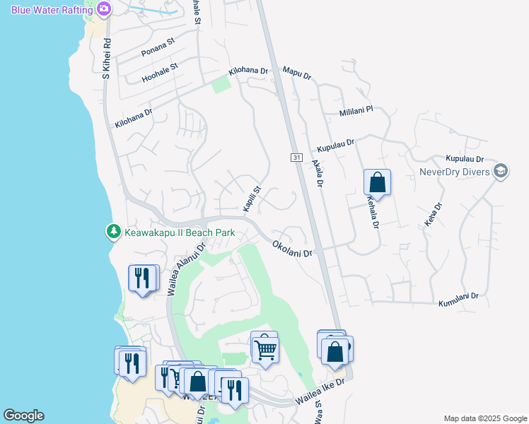 map of restaurants, bars, coffee shops, grocery stores, and more near 3171 South Noho Loihi Way in Kihei
