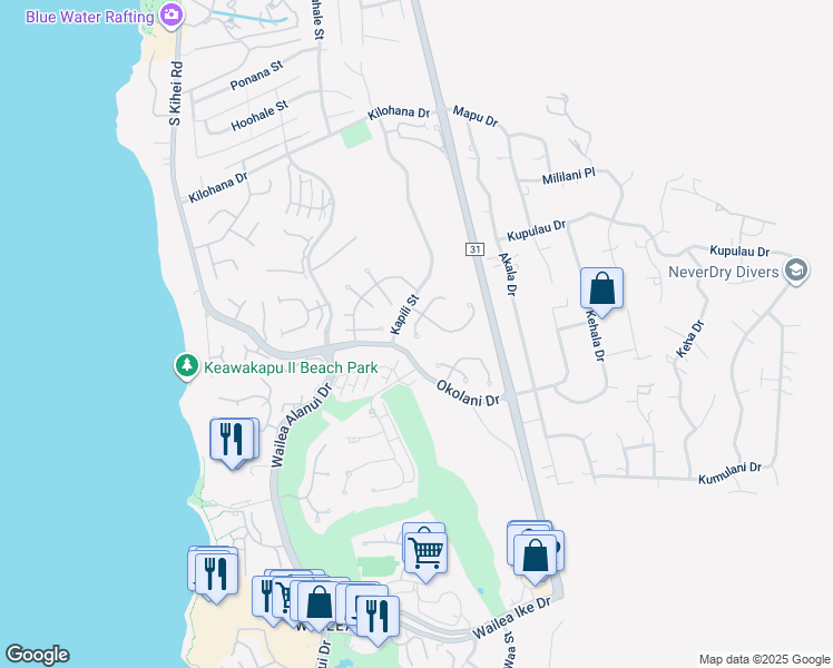 map of restaurants, bars, coffee shops, grocery stores, and more near 3100 South Noho Loihi Way in Kihei