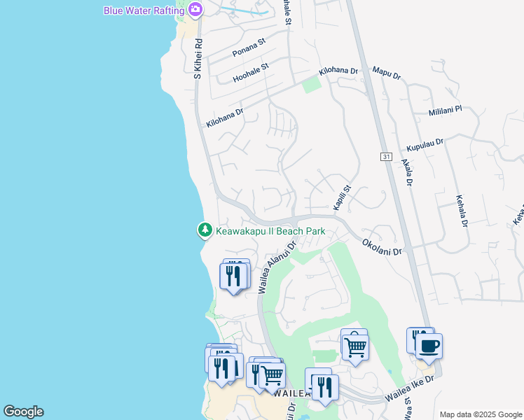 map of restaurants, bars, coffee shops, grocery stores, and more near 3200 Wailea Alanui Drive in Kihei