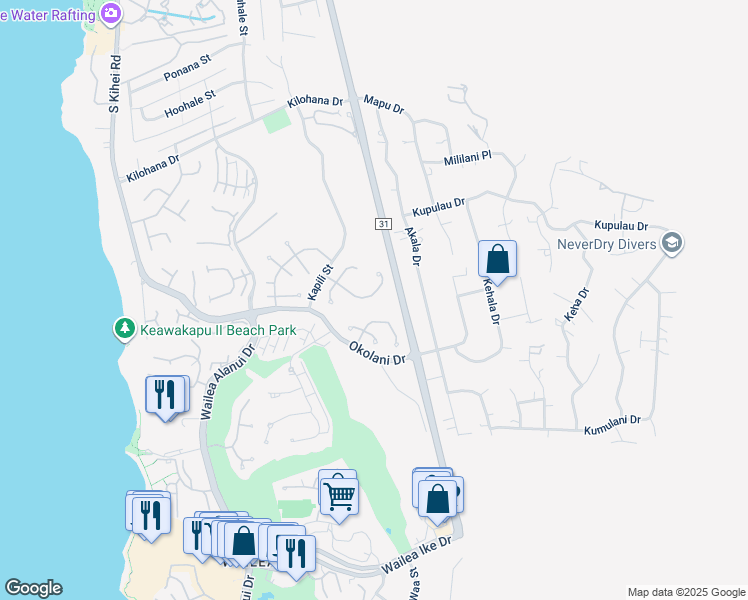 map of restaurants, bars, coffee shops, grocery stores, and more near 340 Pualoa Nani Way in Kihei