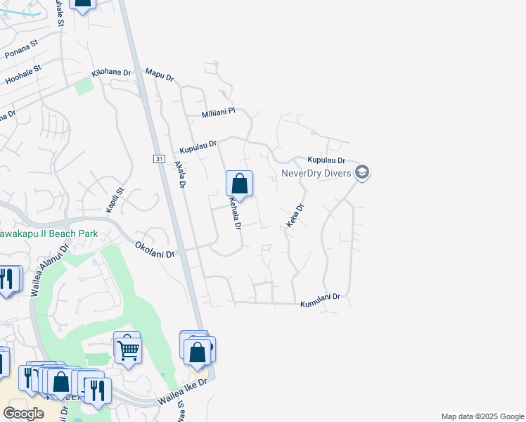 map of restaurants, bars, coffee shops, grocery stores, and more near 3375 Kuaua Place in Kihei
