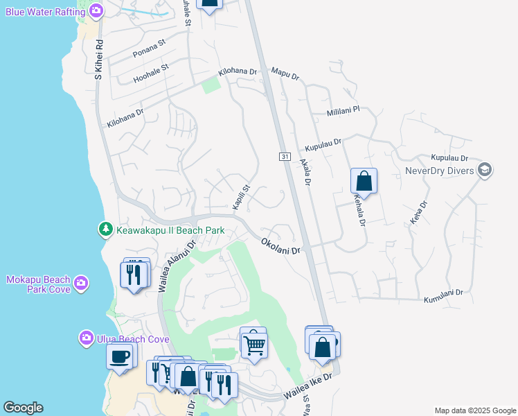map of restaurants, bars, coffee shops, grocery stores, and more near 300 Pualoa Nani Way in Kihei