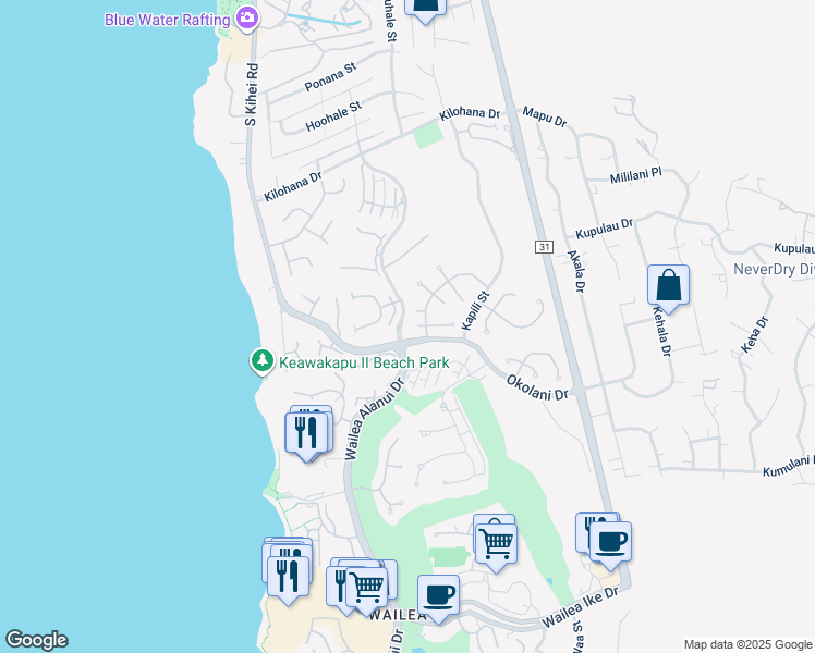 map of restaurants, bars, coffee shops, grocery stores, and more near 171 West Panana Place in Kihei