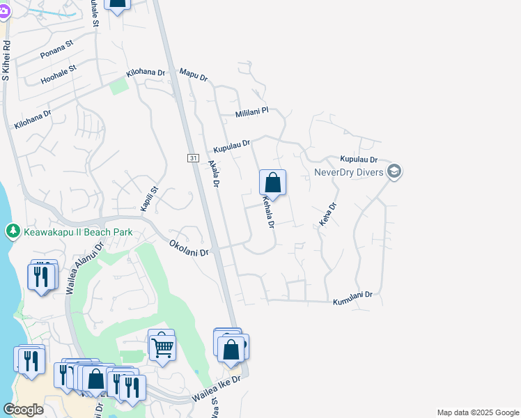 map of restaurants, bars, coffee shops, grocery stores, and more near 3356 Kehala Drive in Kihei