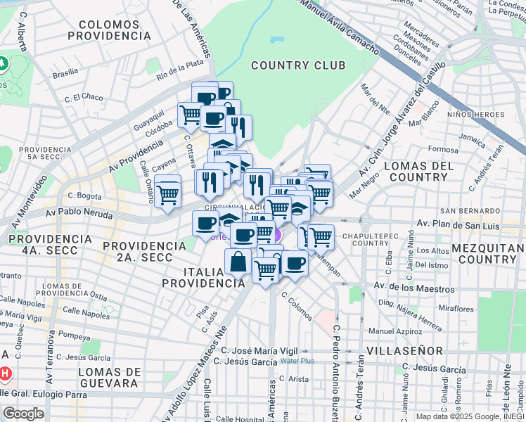map of restaurants, bars, coffee shops, grocery stores, and more near 1500 Avenida de las Américas in Guadalajara