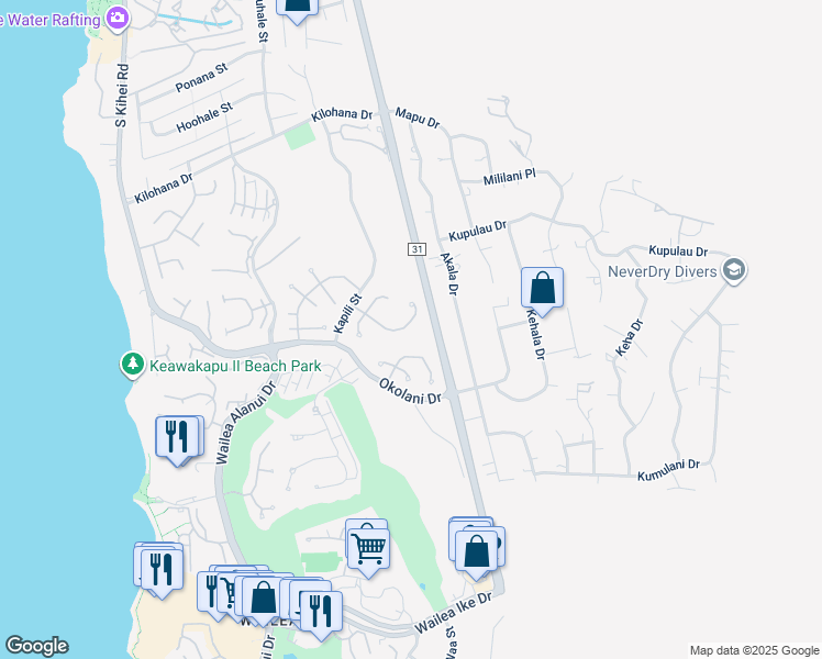 map of restaurants, bars, coffee shops, grocery stores, and more near 344 Pualoa Nani Way in Kihei