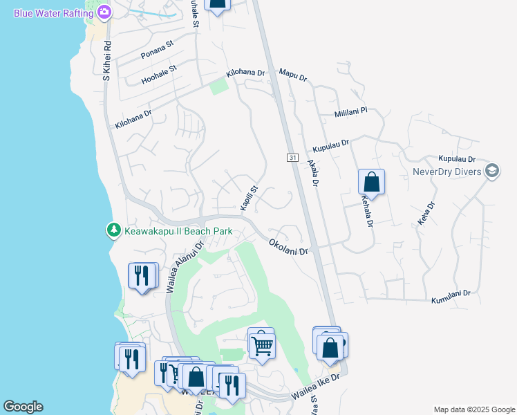 map of restaurants, bars, coffee shops, grocery stores, and more near 3105 South Noho Loihi Way in Kihei